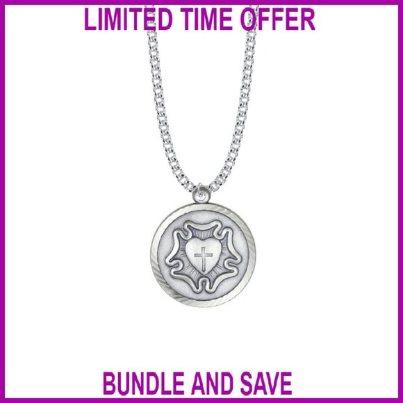Lutheran Rose Medal Pendant Necklace 24 Inch Chain Antique Finish